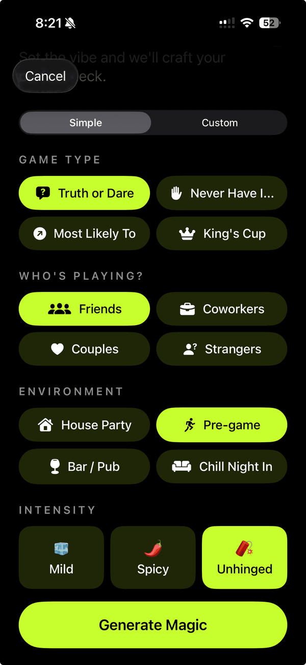 Create flow with prompt input, audience dial, spice level, and deck size