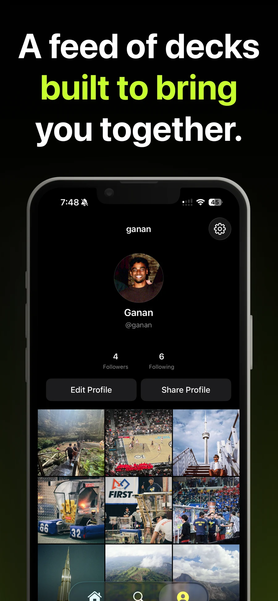 A creator profile showing published decks in a grid