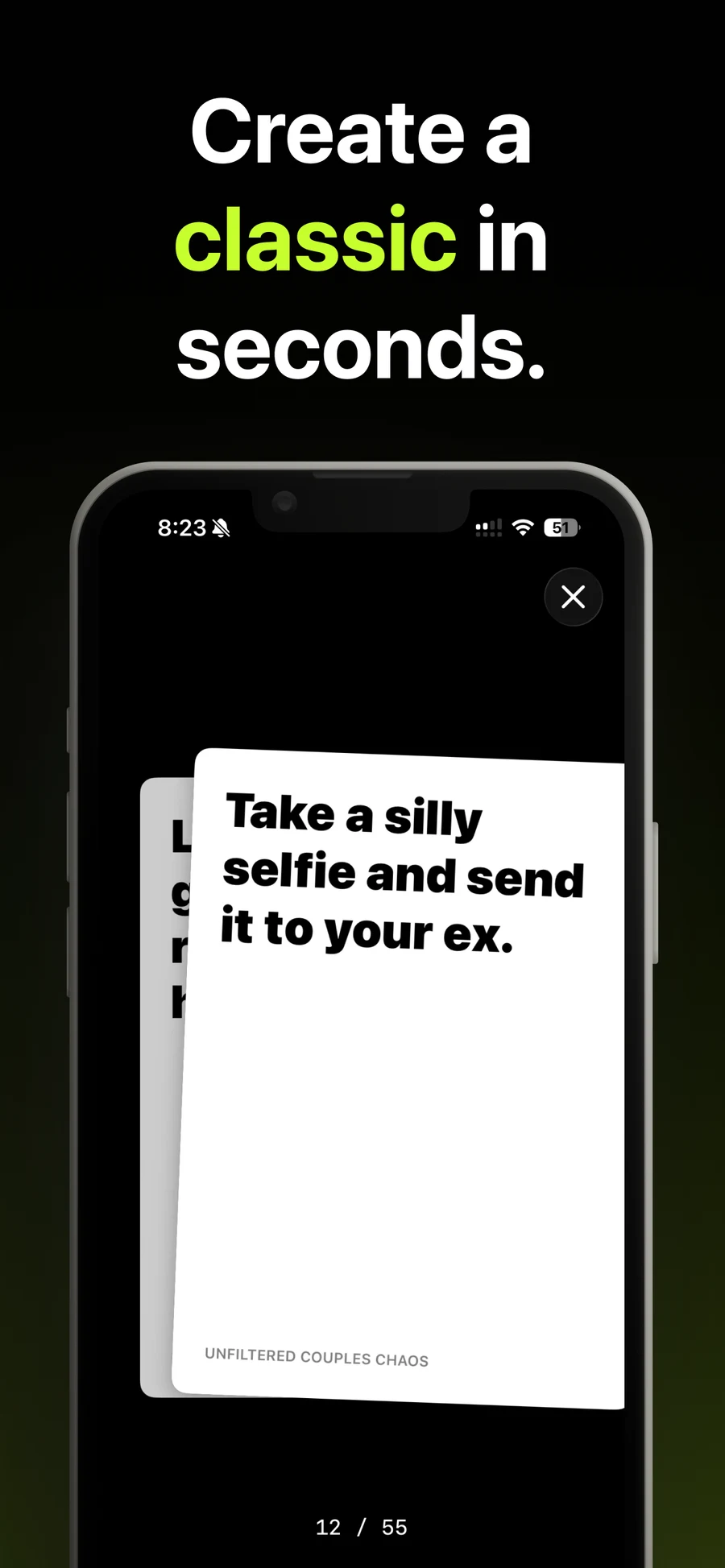 Pandora's Cards showing a generated card, captioned 'Create a classic in seconds'