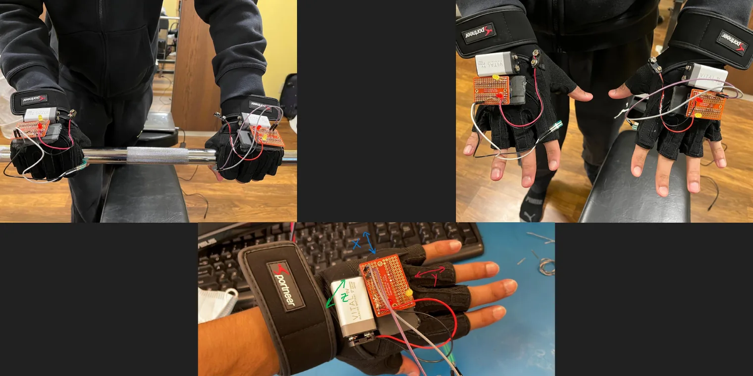 Three photos of the Smart Gym glove prototype with sensors and an Arduino mounted on the back of the hand, gripping a barbell