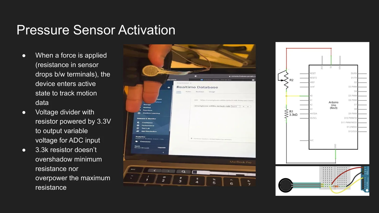 Pressure-sensor activation slide showing the sensor, breadboard wiring, and Arduino circuit schematic