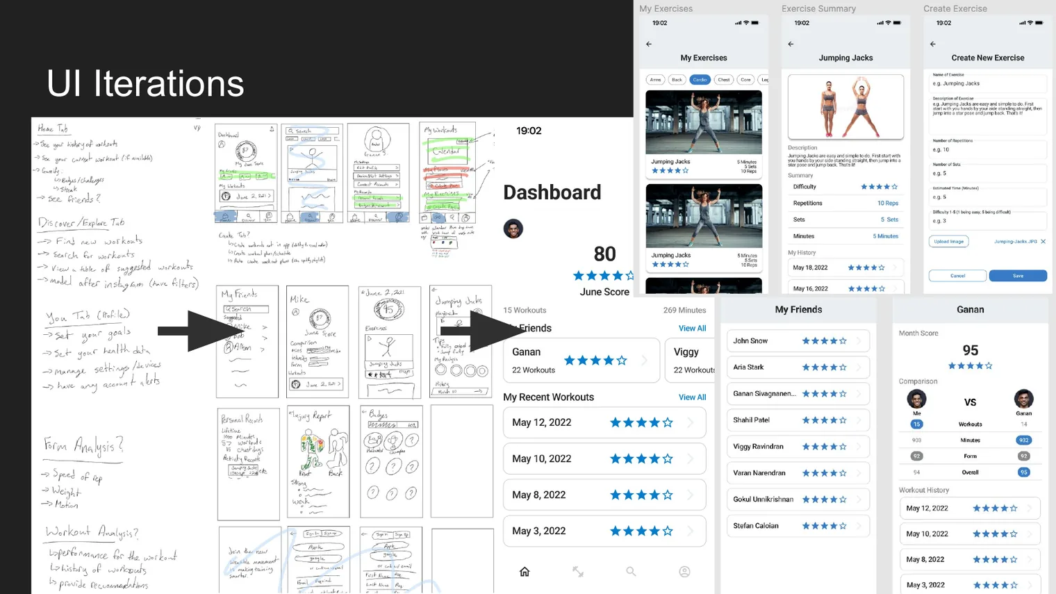 Design progression from hand sketches to wireframes to finished app screens
